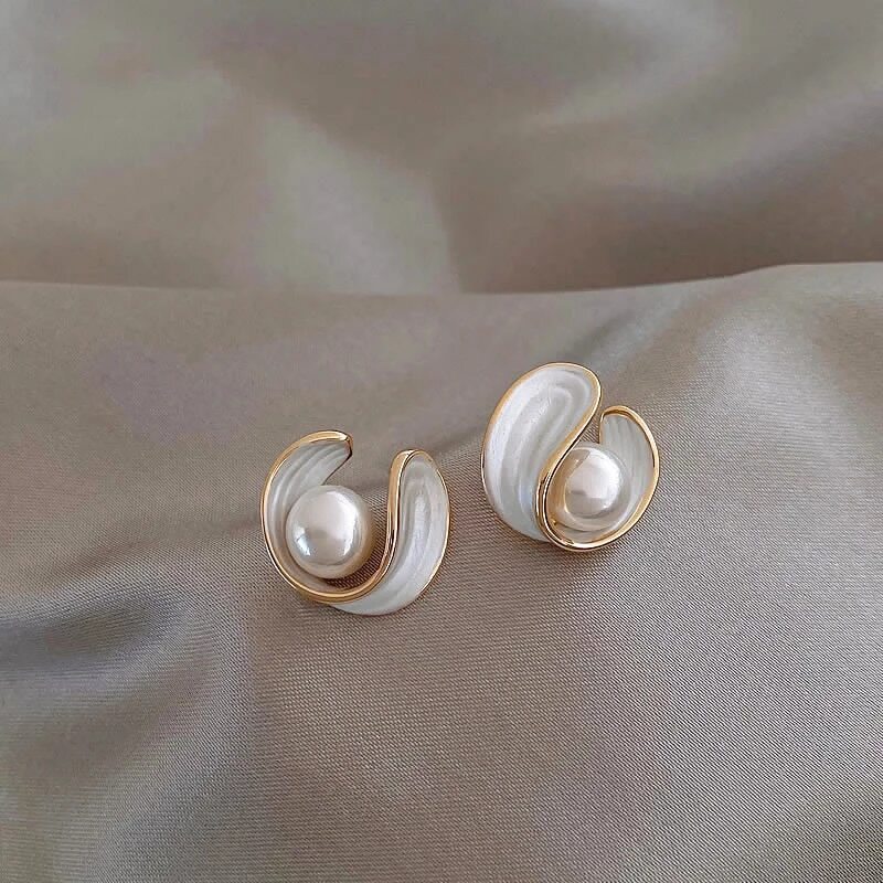 Golden Pearls and White Enamel Stud Earrings