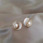 Golden Pearls and White Enamel Stud Earrings