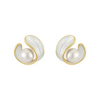 Golden Pearls and White Enamel Stud Earrings